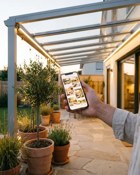 Social-Media-Feed auf dem Smartphone unter einer Terrassenüberdachung