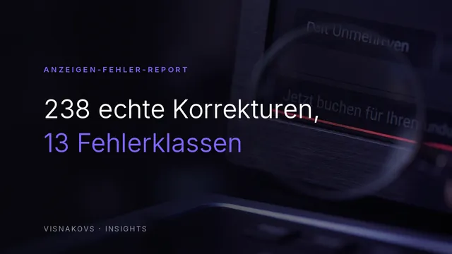 Anzeigen-Fehler-Report: ausgezählte Korrekturen an Google-Ads-Anzeigentexten nach Fehlerklassen