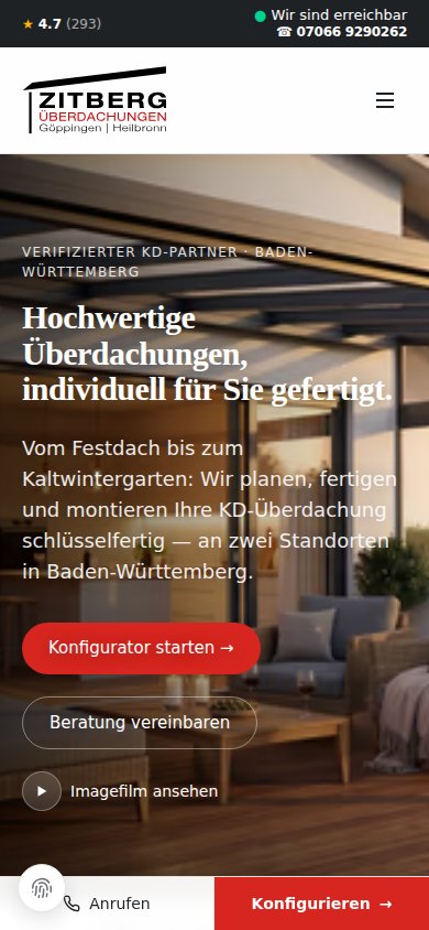 Die neue zitberg.de am Smartphone mit Konfigurator-Button und Anruf-Leiste