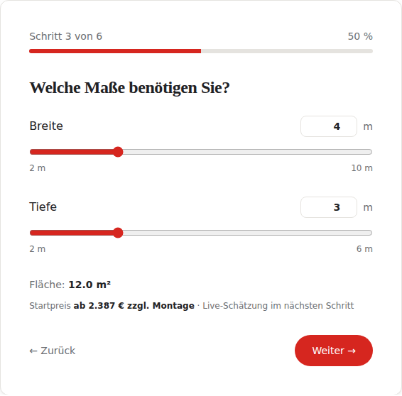 Konfigurator-Schritt: Maße per Schieberegler wählen, Startpreis wird sofort angezeigt