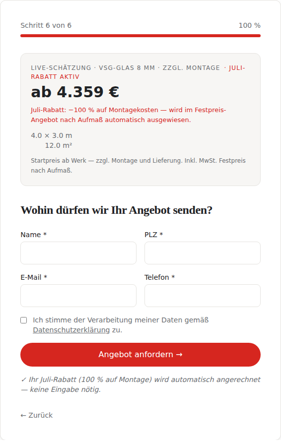 Konfigurator-Endschritt: Live-Preisschätzung mit direkt anschließendem Anfrage-Formular